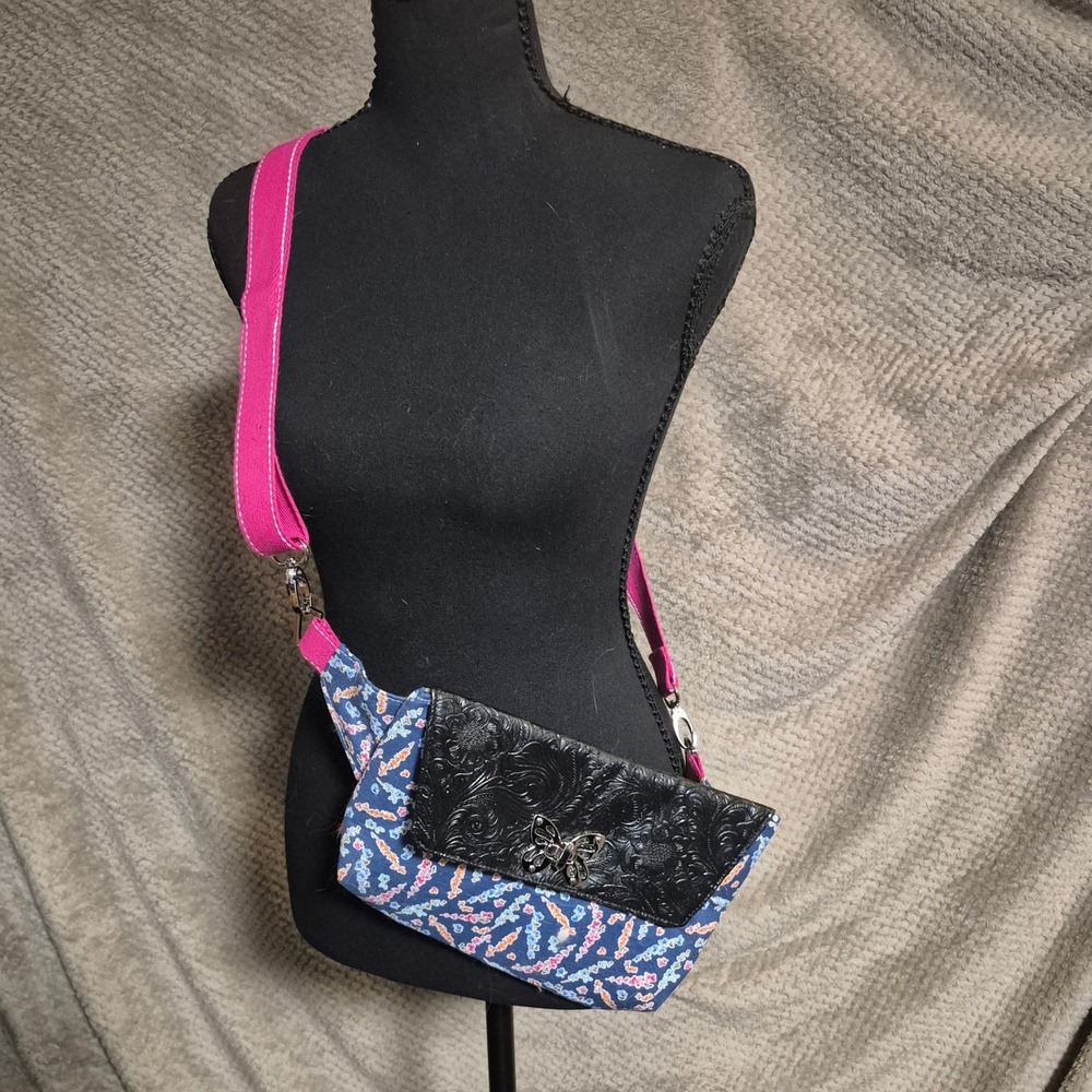 Handmade Floral Crossbody Bag Butterfly Turn Lock Blue Pink Black Flap